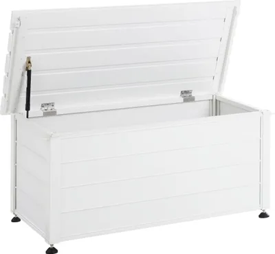 Produktbild von BELIANI Gartentruhe 190L Weiß Aluminium Wasserfest mit Schloss Abschließbar Holzoptik Kissenbox Auflagenbox Aufbewahrungsbox Gartenbox Terrasse