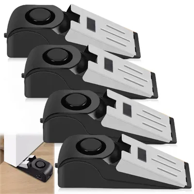 Productafbeelding van Set van 4 deuropstopalarmen, 120 dB luid, draagbaar, wigvormige deuropstopper met antislip rubberen coating en alarmfunctie. Deze alarmwig beschermt tegen inbraken en zorgt voor meer veiligheid in huis