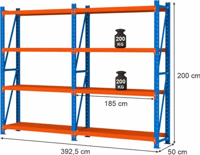 Zdjęcie produktu dla Regał magazynowy metalowy zestaw dwa moduły 8-półkowy Mega-M FORTIS LIGHT 200x392,5x50cm