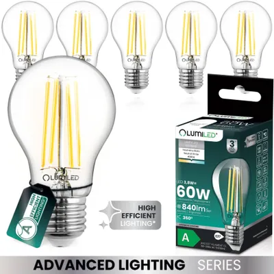 Zdjęcie produktu dla LUMILED zestaw 6 ultra-wydajnych lamp LED A60 E27 3,8W 840lm 4000K żarnik przezroczyste szkło 360° klasa energetyczna A zamiennik 60W nieściemnialna neutralna biel do salonu sypialni biura kształt łezki