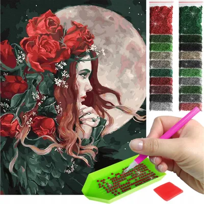 Produktbild von ARTULIO - Diamond Painting Set - Frau mit Blumenkranz vor dem Mond - 40 x 30 cm - Bilder DIY, Crystal Art, Home Wand Deko, Komplettset Mosaik + Zubehör