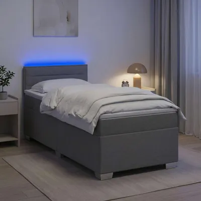 Image de Lit à lattes avec sommier intégré, matelas et éclairage LED, couleur gris clair, revêtement en tissu, modèle unique