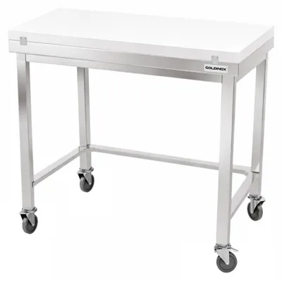 Immagine prodotto di Tavolo da lavoro in acciaio inossidabile, dimensioni 1000x700 mm, con piano di taglio bianco e struttura rinforzata su ruote, serie PREMIUM - GOLDINOX