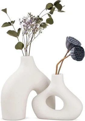 Produktbild von Set von 2 weißen keramischen Donut-Vasen - skandinavische Dekoration für Pampasgras und Blumen