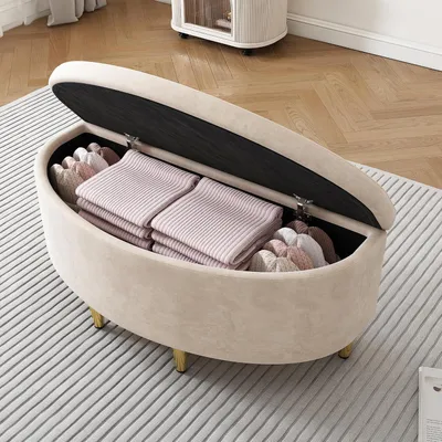 Produktbild von Polsterbank mit Stauraum und Samt-Aufbewahrungsbox, Fußhocker mit Metallbeinen für Flur, Wohnzimmer und Schlafzimmer, 90 x 40 x 42 cm (Beige)