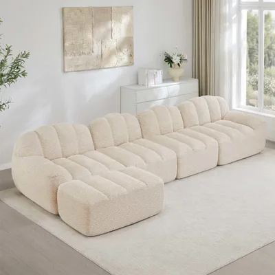 Produktbild von AIORBER 4-Sitzer modulares Sofa mit Ottoman, Muschelform, Boneless Design, 32D Hochdichtschaum, tiefe Sitzfläche, Beige