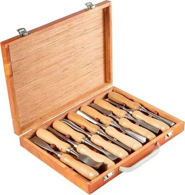 Produktbild von Famanu Holzwerkzeug Set - Holzschnitzen - 12-teilig - Hochwertiger Werkzeugkasten