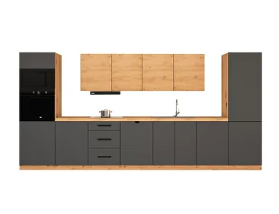 Produktbild von Küchenzeile 440 cm Einbauküche ohne Arbeitsplatte Küchenblock, Langen KL7-M440, Grau/Artisan Eiche
