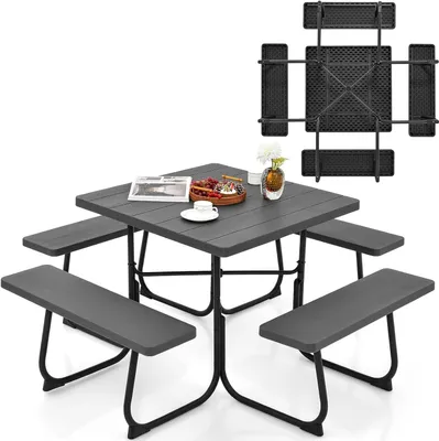 Produktbild von KOMFOTTEU Bierzeltgarnitur für 8 Personen, Quadratisches Picknicktisch Set mit Schirmloch & 4 Bänken, Gartenmöbel Set aus HDPE & Metall, (Schwarz)