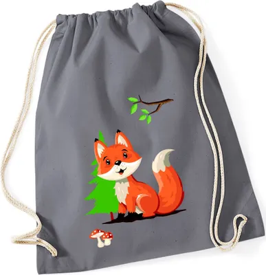 Produktbild von Turnbeutel Kinder Fuchs - Stoffbeutel Baumwolle zum Zuziehen grau