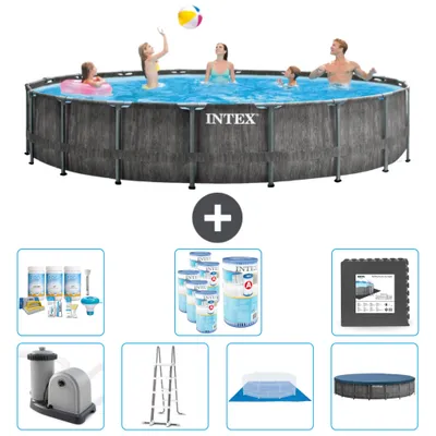 Produktbild von Intex Round Prism Frame Greywood-Schwimmbecken – 549 x 122 cm – inklusive Pumpe – Leiter – Bodenplane – Abdeckung Wartungspaket - Filter - Bodenfliesen