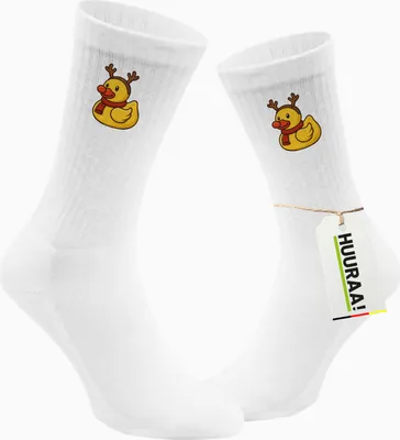 Produktbild von Huuraa Uni Socken Quietscheente Rudolf Gummiente Rentier 37/41 White Baumwolle Tennissocken Geschenkidee