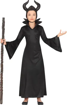 Produktbild von Halloween Hexe Dunkle Magie Kostüm Schwarzes Cape Hörner Stirnband Kinder Outfit Mystisches Design Für Filmfans Faschingsfeier Schaurige Atmosphäre, Größe: 110/116 Farbe: Schwarz