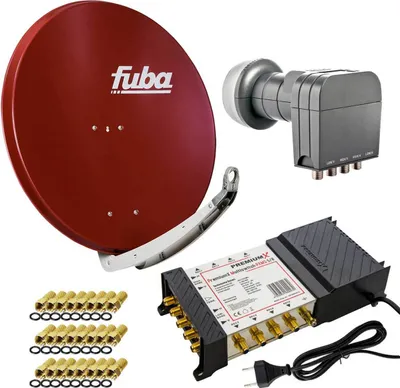 A collection of satellite dish components laid out on a white background.