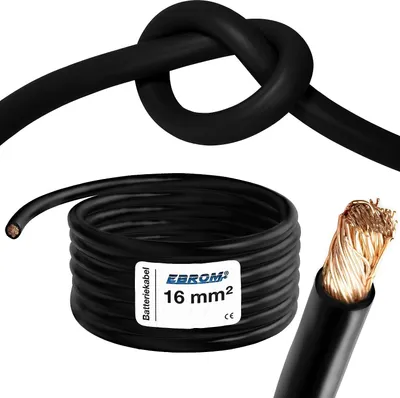 Produktbild von EBROM Batteriekabel hochflexibel Hi-Flex (Hi Flex) 16mm2 Kabel – Meterware SCHWARZ - sehr biegsam – Mantel aus PVC (70 ± 5 Shore) – 99,9 % OFC Kupfer 16 mm² - als Starterkabel, Ladekabel oder ähnliches