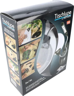 Produktbild von Tischlupe mit LED-Licht für filigrane Arbeiten, zwei Vergrößerungsgläser, flexibler Hals, mit abnehmbarer Klemme zur Befestigung
