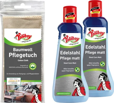 Produktbild von Poliboy 2er Edelstahl Pflege matt mit Baumwolltuch - reinigt gründlich und schonend - für Aluminium oder Edelstahl - 2x200 ml - 99A1101