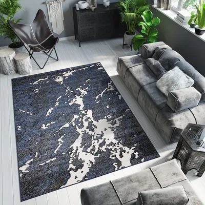 Produktbild von Teppich Kurzflor Modern Dunkelblau Meliert Wohnzimmer Schlafzimmer 3D  140 x 200 cm