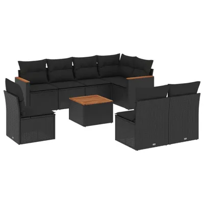 Produktbild von 9-tlg. Garten-Sofagarnitur mit Kissen Schwarz Poly Rattan