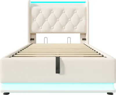 Produktbild von Flieks Polsterbett 90x200cm mit Ladefunktion (USB&Typ-c), Jugendbett Einzelbett Stauraumbett mit LED, Hydraulisches Boxspringbett, PU, Weiß