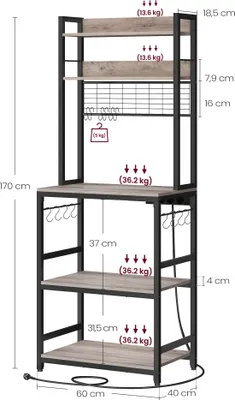 Produktbild von VASAGLE Küchenregal, Standregal mit Steckdosen, Gitterplatte, 14 Haken, 40 x 60 x 170 cm