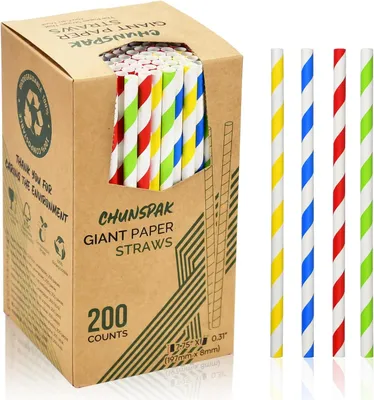 Productafbeelding van Papieren rietjes - 8 mm - 19,7 cm - Kleurrijke strepen - Milkshakes - Ijs - Smoothies - Dikke dranken - 200 stuks