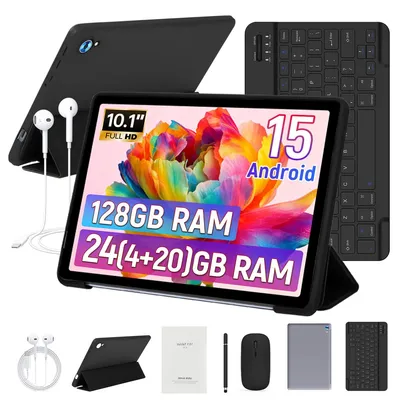 Obrázok produktu pre Tablet 10 palcov, osemjadrový procesor, 24 GB + 128 GB (podpora SD karty až do 1 TB), Android 15, batéria 5000 mAh, Wi-Fi 6, s klávesnicou, myšou, stylusom, ochranným obalom a slúchadlami