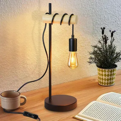 Produktbild von ZMH stolní lampa dřevo vintage černá noční lampa - retro stolní lampa průmyslová z oceli a dřeva E27 stojací lampa malá s vypínačem venkovský dům stolní lampa do obývacího pokoje ložnice kancelář
