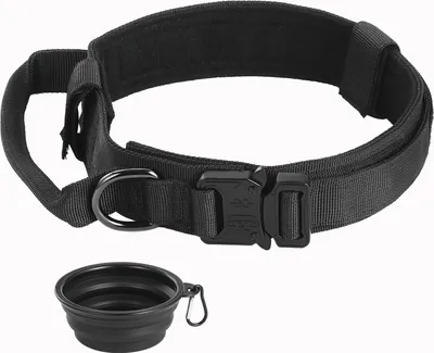 Produktbild von Taktisches Hundehalsband, militärisches Hundehalsband, verstellbar mit Kontrollgriff, militärisches Hundehalsband aus Nylon mit Metallschnalle, für Hunde, mit faltbarem Hundenapf (M, schwarz)