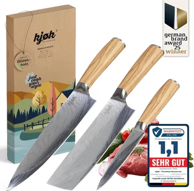 Produktbild von Kochmesser Set 3-teilig, Nakiri und Chefmesser, 13 cm und 20 cm, Olivenholzgriff, 58 HRC, für Küche