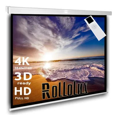A projection screen displaying a beach sunset scene, with text overlays indicating features and a remote control.