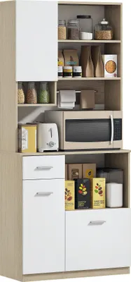 Image de HOMCOM Armoire de cuisine buffet cuisine vaisselier meuble de rangement style moderne avec étagères réglables, tiroir, comptoir, passe-câble, pour salle à manger, salon, 80 x 35 x 180 cm, aspect bois