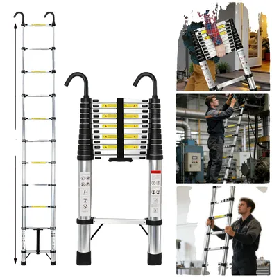 Image de Échelle télescopique, acier inoxydable, capacité de charge de 150 kg, 5,1 m avec crochet