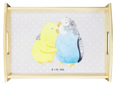 Produktbild von Mr. & Mrs. Panda Tablett Wellensittich Liebe - Grau Pastell - Geschenk, glücklich, serviertablett holz, Vertrauen, sofatablett, aus, Verknallt, Umarmen, Umarmung, Deko