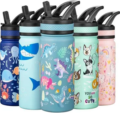 Obrázok produktu pre Detský pohár z nehrdzavejúcej ocele, 550 ml, s uchami, nepretekajúci, bez BPA, do školy, škôlky, pre chlapcov a dievčatá (tyrkysová farba, motív dinosaurov)