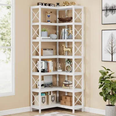 Produktbild von Bücherregal Eckregal Metallrahmen Weiß 7 Ablagen 60x59x200cm