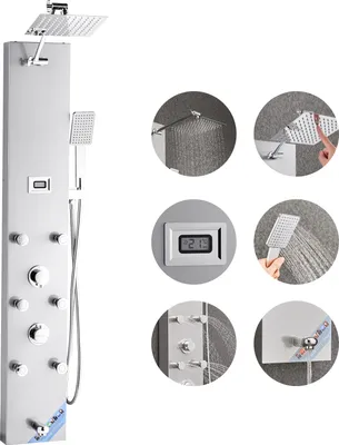 Immagine prodotto di Sistema a torre per pannelli doccia VEVOR con soffione a pioggia, colonna doccia in acciaio inox spazzolato (124 cm), sistema di massaggio a pioggia per montaggio a parete