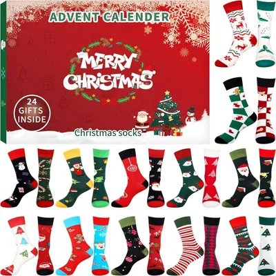 Produktbild von Weihnachts-Adventskalender-Socken, Weihnachtskalender, Weihnachtssocken, 12 Paar Weihnachtssocken mit 24 Countdown-Adventskalender-Boxen, lustige Baumwollsocken