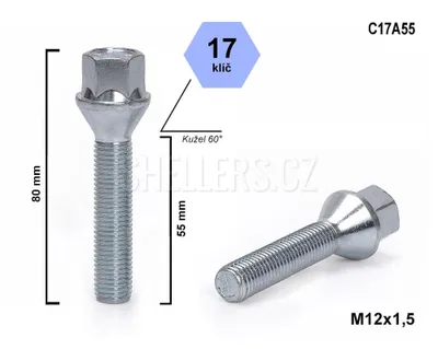 Obrázok produktu pre Skrutka kolesa M12x1,5x55 s kužeľom, kľúč 17, C17A55, výška 80 mm