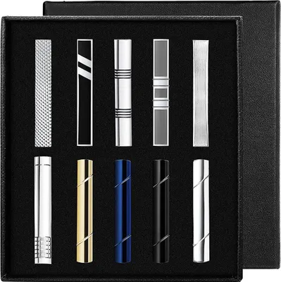 Produktbild von Krawattenklammer-Set für Herren, schwarz, silberfarben, goldfarben, für Hochzeiten und Business, inklusive Geschenkbox, 10 Stück