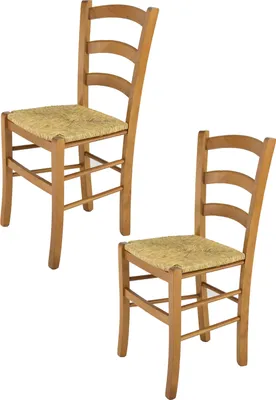 Produktbild von t m c s Tommychairs - 2er Set Stühle VENICE für Küche und Esszimmer, robuste Struktur aus lackiertem Buchenholz im Farbton Eichenholz und Sitzfläche aus Stroh
