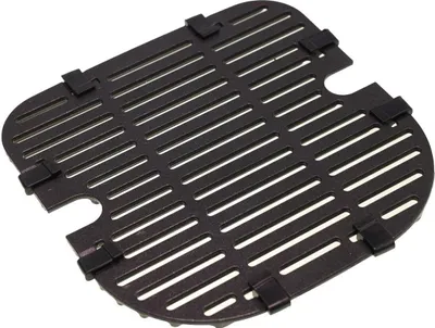 A black grill grate with a slatted design and clips on the edges, isolated on a white background.