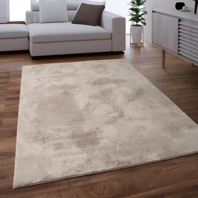 A living room scene with a sofa, rug, and cabinet.