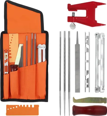 Produktbild von Poweka Kettensägen Schärffeilen Kit,Sägekettenfeilenset zum Schärfen von Kettensägen Inklusive Feilen, Holzgriffen, Tiefenmesser, Feilenführung, Werkzeugtasche und Schraubstock
