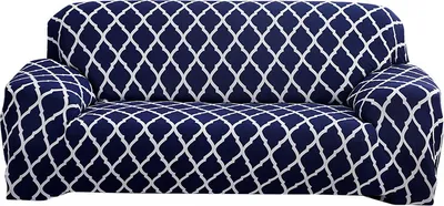 Produktbild von Stretch Sofabezug 1-teilige Polyester Elasthan Stoff Sofa Schonbezug 3-Sitzer Möbelschutzbezug mit Kissenbezug für Kinder Haustiere (Gitterblau)