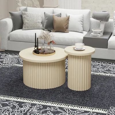 Produktbild von MODFU  Couchtisch, Runder Beistelltisch,Kaffeetisch mit Wellenstruktur ,2er set, Tischplatte mit Klappdeckel und integriertem Stauraum,ideal für Wohnzimmer, Schlafzimmer, Natur