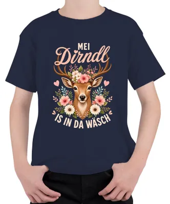 Obrázok produktu pre Mei Dirndl, dámske tradičné oblečenie, vzor "Reh Kitz Blumen", kožené nohavice, detské tričko, tmavomodrá farba, veľkosť 104