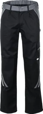 A pair of black work pants with gray accents.