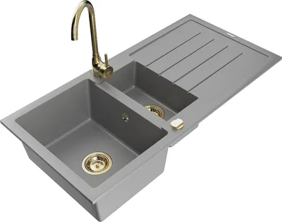 Produktbild von Mexen Andres 1,5-Becken-Granitspüle mit Abtropffläche und Mischbatterie Telma, Grau - 6515-71-670200-50