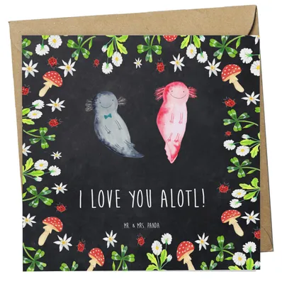 Produktbild von Mr. & Mrs. Panda Glückwunschkarte Axolotl Liebe - Kreidetafel - Geschenk, Klappkarte, Freund, Ehefrau, doppelkarte, Mitbringsel, Hochzeitstag, Grußkarte, anlasskarte